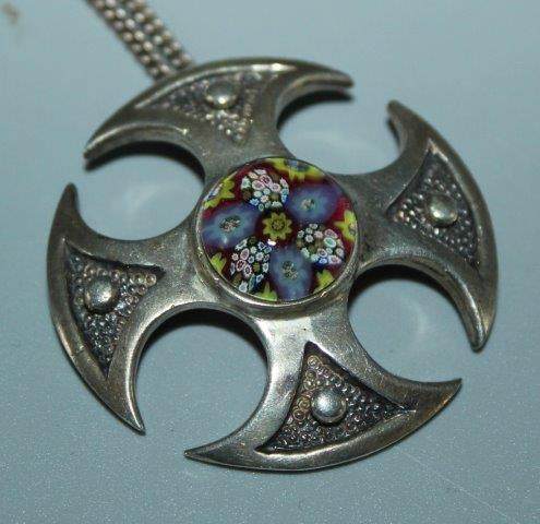 Silver and millefiori glass pendant on chain